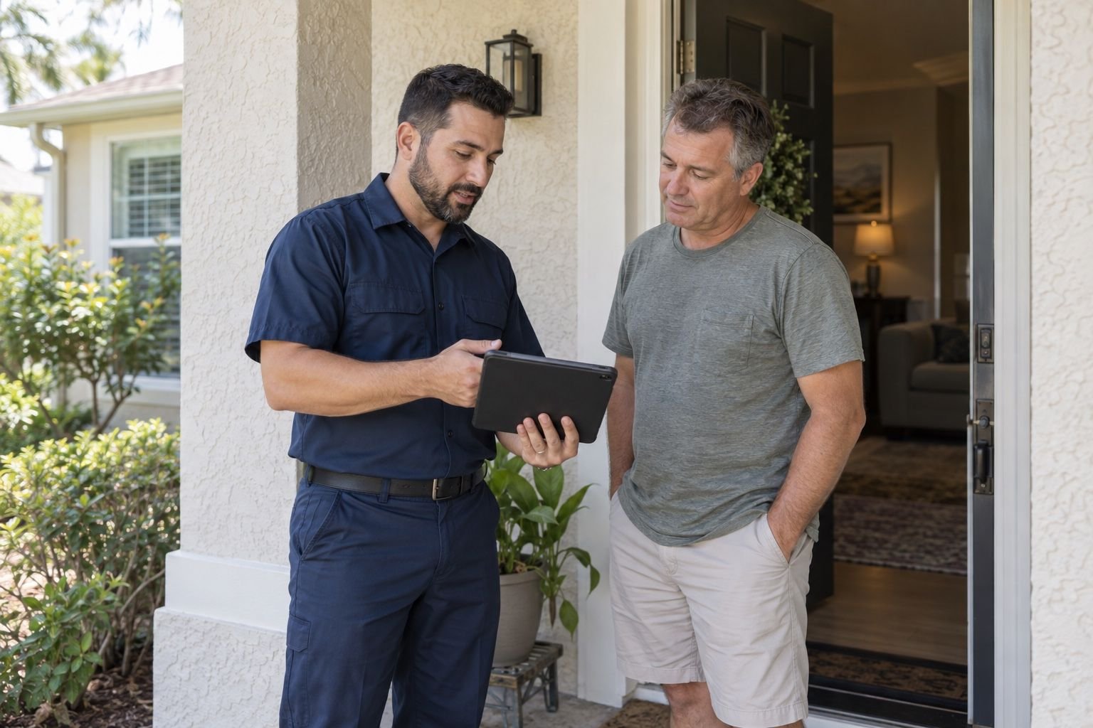 Aircore technician reviewing test results with a homeowner at the front door